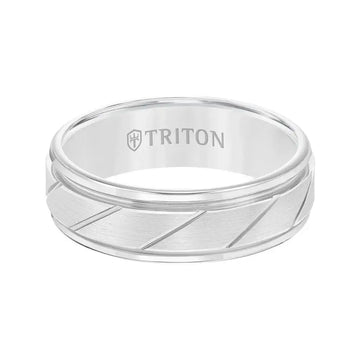 ADLER White Tungsten Ring with Brushed Diagonally Grooved Center by Triton Rings - 7mm - Larson Jewelers
