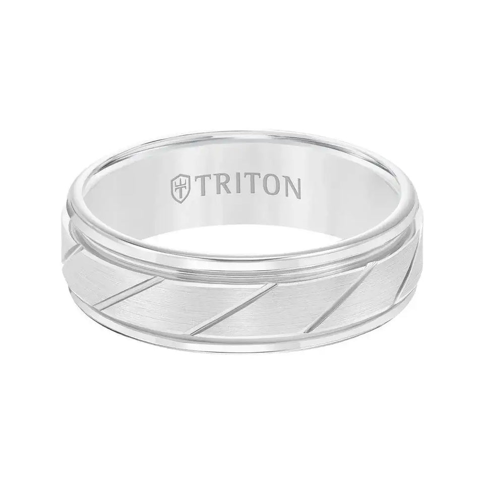ADLER White Tungsten Ring with Brushed Diagonally Grooved Center by Triton Rings - 7mm - Larson Jewelers