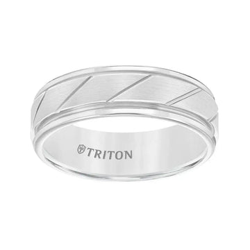 ADLER White Tungsten Ring with Brushed Diagonally Grooved Center by Triton Rings - 7mm - Larson Jewelers