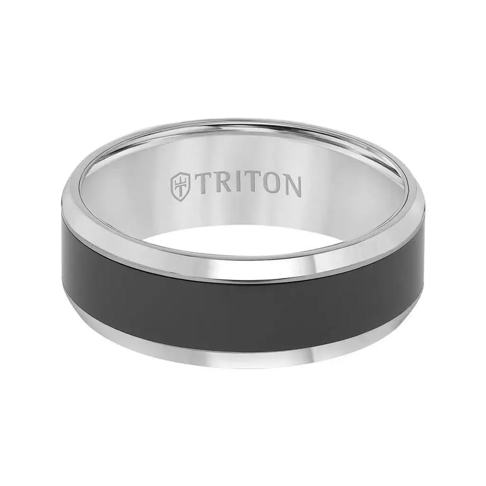 ALGERNON Tungsten Wedding Band with Polished Beveled Edges and Black Ceramic Inlay by Triton Rings - 8 mm - Larson Jewelers