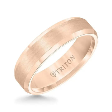 Rose gold-tone tungsten carbide wedding band with satin center and polished beveled edges, angled view, 6mm width, Triton branding inside.