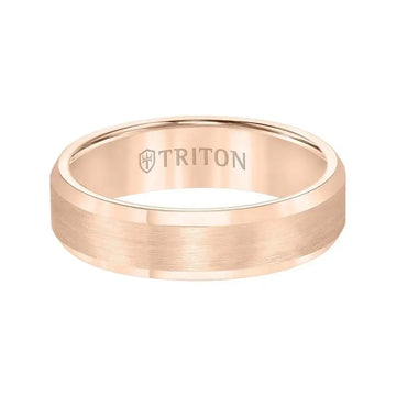 Front view of rose gold-tone tungsten carbide wedding band showing satin-finished center and bright beveled edges, 6mm, Triton branding inside.