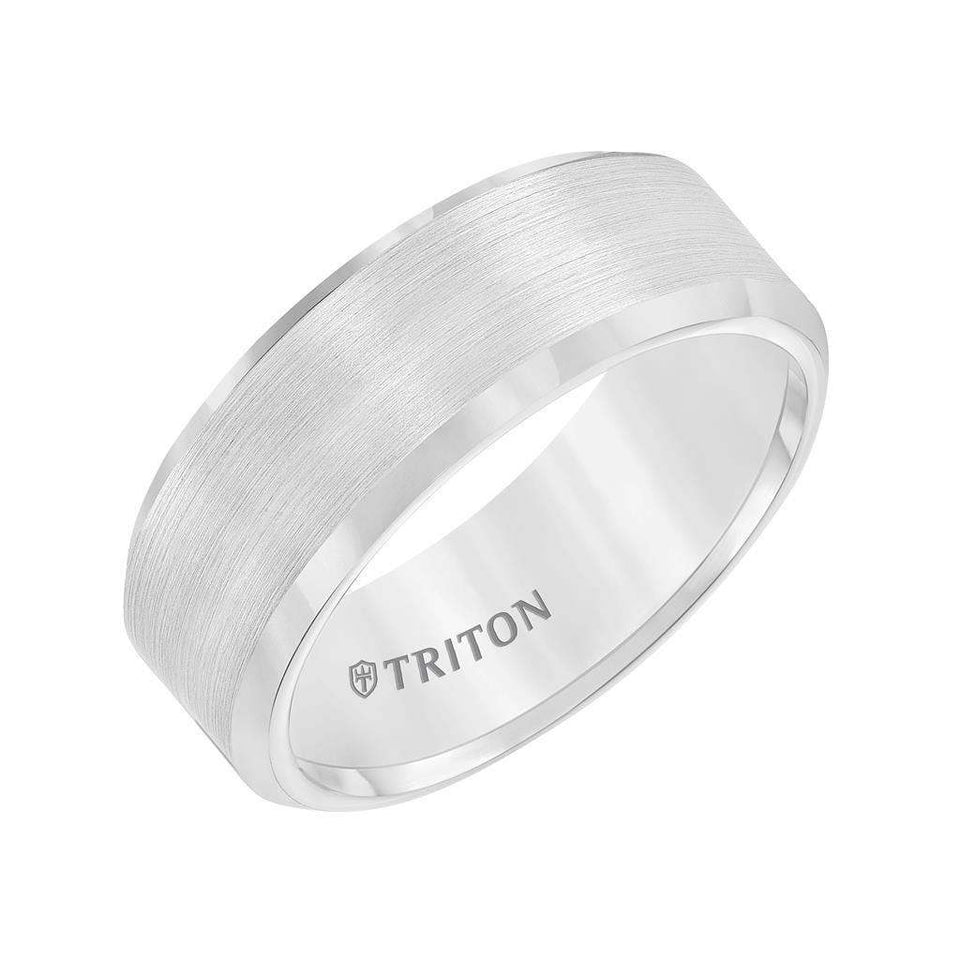 Angled view of the ATWATER 8mm flat tungsten ring with brushed center and polished beveled edges, Triton logo inside