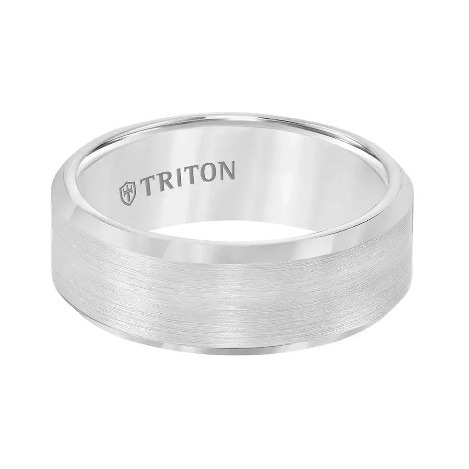 Side angle of the ATWATER 8mm flat tungsten ring highlighting brushed center with polished beveled edges, Triton logo inside