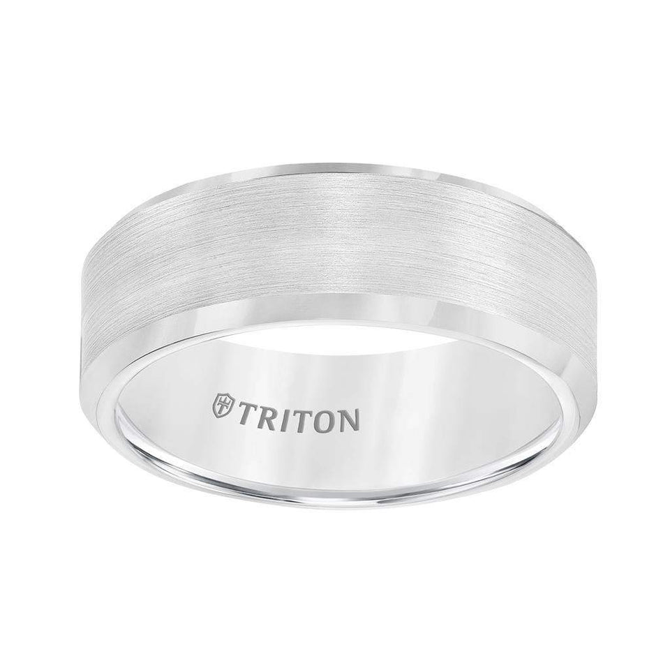 Top view of the ATWATER 8mm flat tungsten band showing brushed center and shiny beveled edges, Triton logo inside