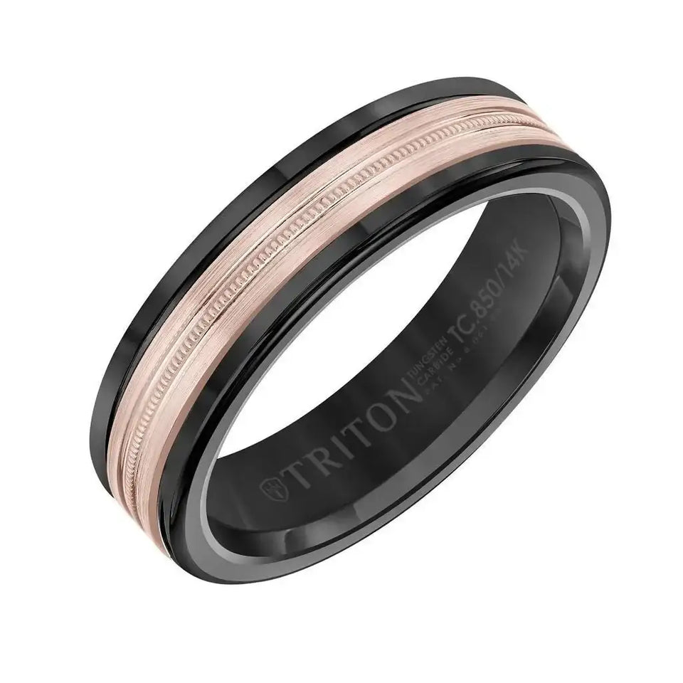 Angle view of 6mm black tungsten carbide wedding band with center milgrain 14K rose gold core
