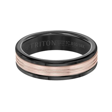 Flat view of 6mm black tungsten carbide wedding band showing center milgrain 14K rose gold core