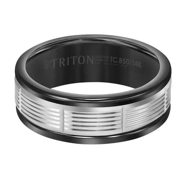 Flat view of the black tungsten wedding band highlighting the grooved white gold center with repeating vertical serrations