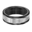 Flat view of the black tungsten wedding band highlighting the grooved white gold center with repeating vertical serrations