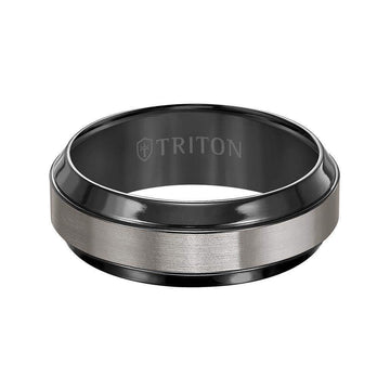 URIAH Satin Finished Titanium Comfort Fit Wedding Band with Polished Black Beveled Step Edges by Triton Rings - 8 mm - Larson Jewelers