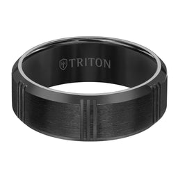 VANCE Satin Finished Black Flat Beveled Titanium Comfort Fit Wedding Band with Vertical Cuts by Triton Rings - 8 mm - Larson Jewelers
