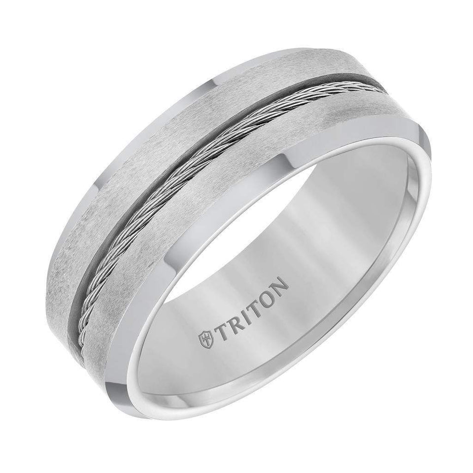 CURTIS 8mm Gray Tungsten Carbide Brush Finish With Bright Bevel Edge Comfort Fit Band with Center Steel Cable Inlay - Larson Jewelers