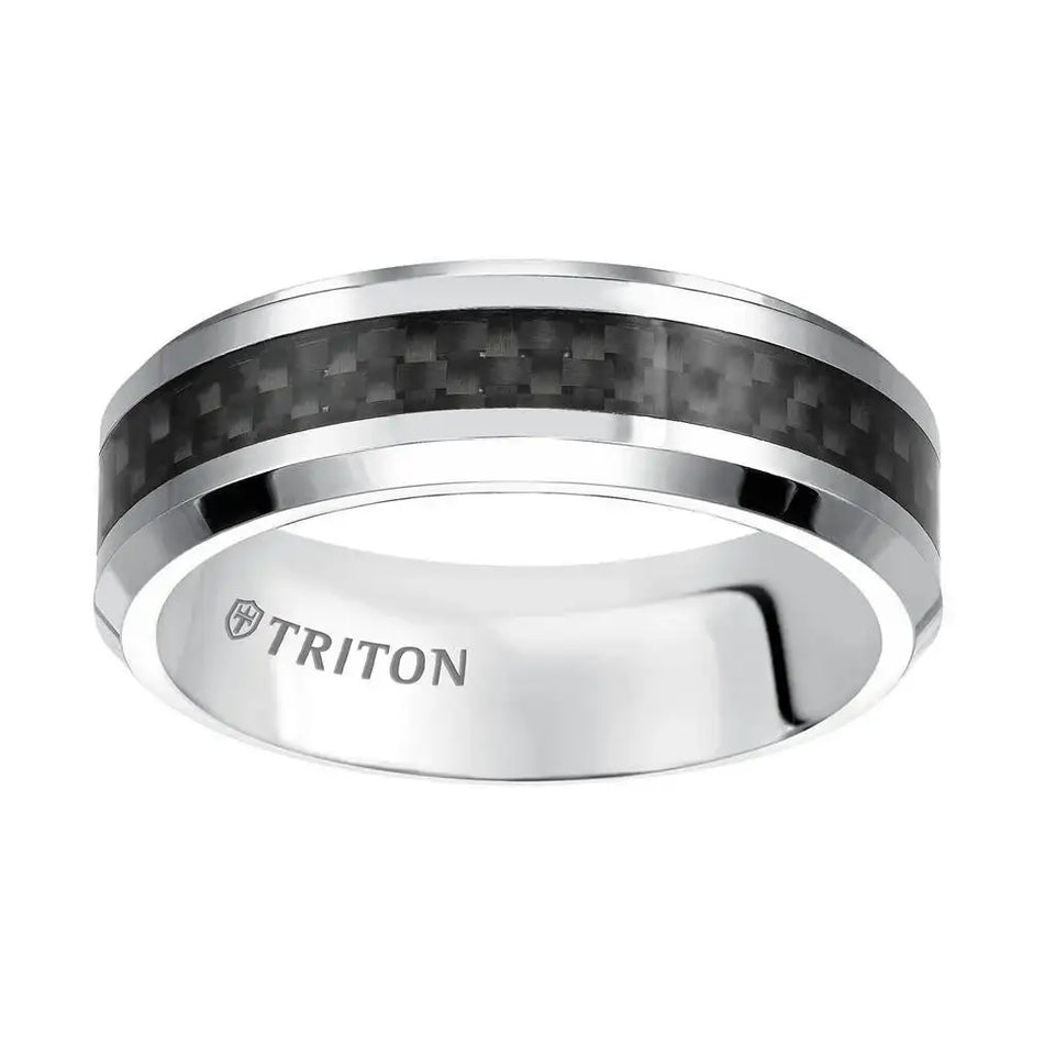 ZEBADIAH Polish Finished Cobalt Comfort Fit Wedding Band with Beveled Edges and Black Carbon Fiber Inlay by Triton Rings - 7 mm - Larson Jewelers