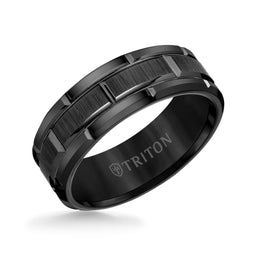 ALTON black tungsten ring, 8mm width, brushed grooved center with alternating grooved polished edges, angled view showing TRITON logo inside band
