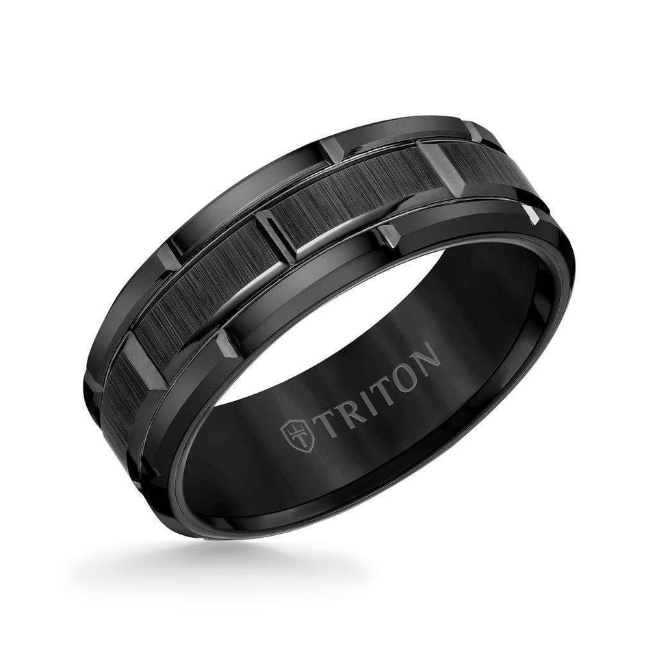 ALTON black tungsten ring, 8mm width, brushed grooved center with alternating grooved polished edges, angled view showing TRITON logo inside band
