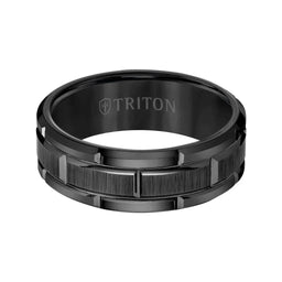 ALTON black tungsten ring, 8mm width, brushed slotted center resembling a watch band with polished grooved edges, flat front view with TRITON logo inside