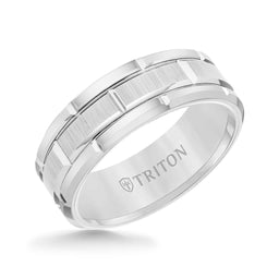 BOWEN White Tungsten Wedding Band with Etched Finished Center and Bright Cuts by Triton Rings - 8mm - Larson Jewelers