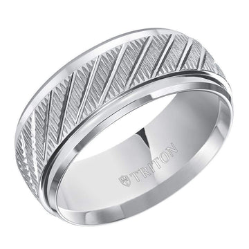 LANCELOT Coin Textured White Tungsten Carbide Comfort Fit Wedding Band with Beveled Step Edges and Diagonal Grooves by Triton Rings - 9 mm - Larson Jewelers