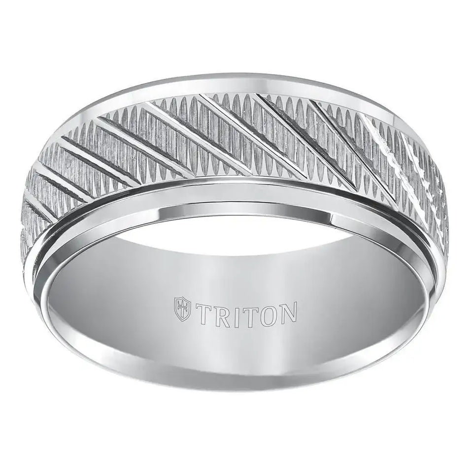 LANCELOT Coin Textured White Tungsten Carbide Comfort Fit Wedding Band with Beveled Step Edges and Diagonal Grooves by Triton Rings - 9 mm - Larson Jewelers
