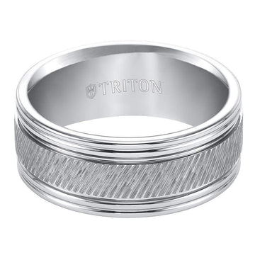 LARS Flat Pipe Cut White Tungsten Carbide Ring with Center Diagonal Coin Edge Texture and Polished Grooved Edges by Triton Rings - 9mm - Larson Jewelers