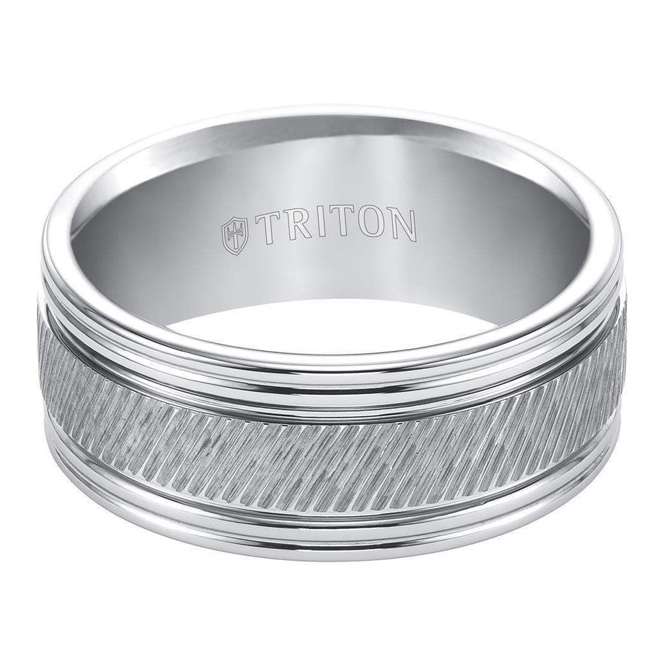 LARS Flat Pipe Cut White Tungsten Carbide Ring with Center Diagonal Coin Edge Texture and Polished Grooved Edges by Triton Rings - 9mm - Larson Jewelers