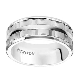 LOWELL Beveled Edge White Tungsten Carbide Wedding Band with Split Matrix Pattern and Polished Center Stripe by Triton Rings - 9mm - Larson Jewelers
