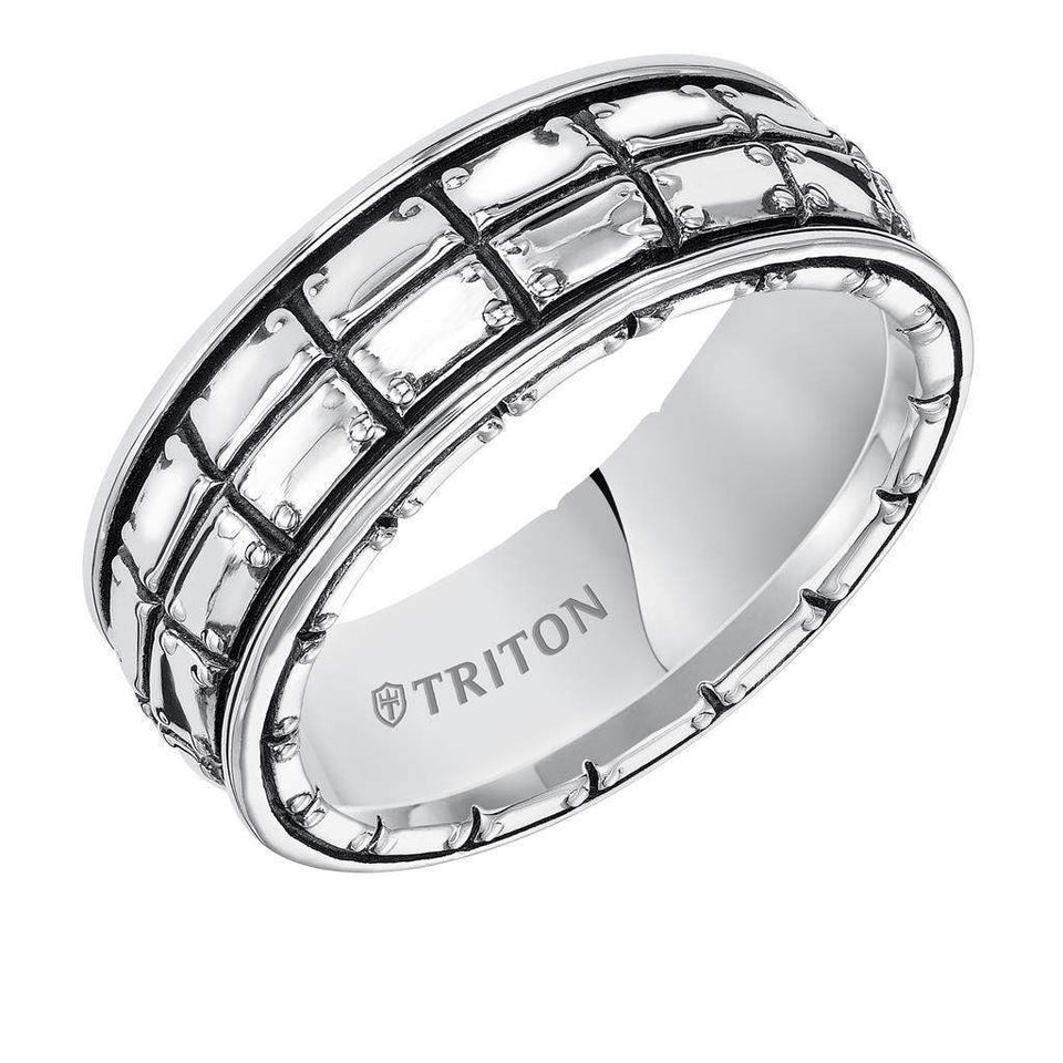 ARION Sterling Silver Wedding Band with Riveted Plate Design and Black Oxidation Finish by Triton Rings - 8 mm - Larson Jewelers