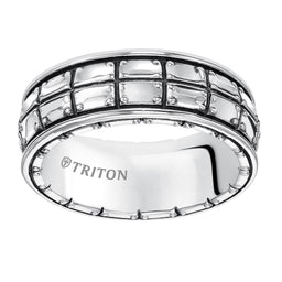 ARION Sterling Silver Wedding Band with Riveted Plate Design and Black Oxidation Finish by Triton Rings - 8 mm - Larson Jewelers