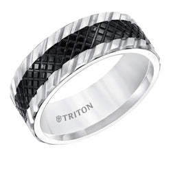 KAEDE Flat Multi Textured Black and White Tungsten Wedding Band by Triton Rings - 8mm - Larson Jewelers