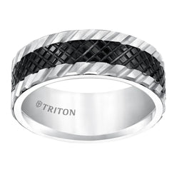 KAEDE Flat Multi Textured Black and White Tungsten Wedding Band by Triton Rings - 8mm - Larson Jewelers