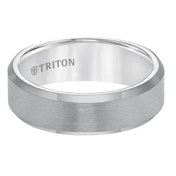 Flat side view of the same 7mm gunmetal gray tungsten carbide ring showing satin center and polished beveled edges, TRITON engraving visible