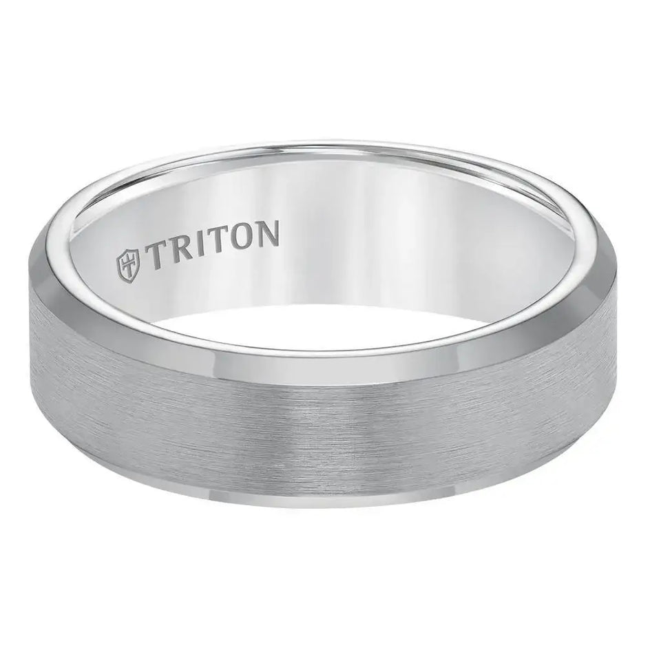 Flat side view of the same 7mm gunmetal gray tungsten carbide ring showing satin center and polished beveled edges, TRITON engraving visible