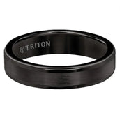 Black tungsten carbide ring with satin-finished center and polished step edges, engraved TRITON logo inside, 9mm width