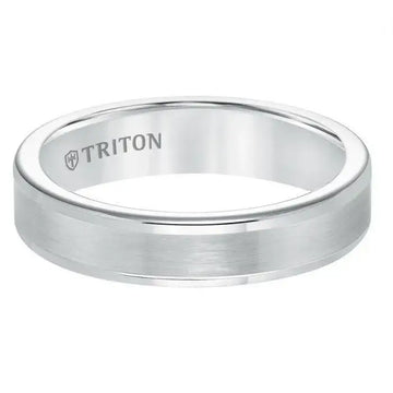 JACOB flat white tungsten carbide ring by Triton with satin center and polished step edges, 9mm, interior view showing TRITON logo