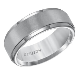 Angled view of an 8mm Triton tungsten carbide wedding band featuring a satin-finished center and polished step edges