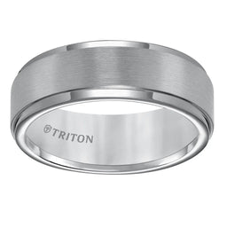 Top-down view of the 8mm Triton tungsten carbide band showing the satin center and polished step edges
