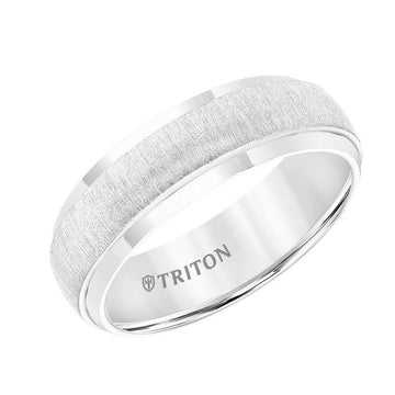 White Tungsten Low-Domed Vertical Brushed Raised Center Wedding Ring With Polished Edges By Triton Rings - 7mm - Larson Jewelers
