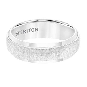White Tungsten Low-Domed Vertical Brushed Raised Center Wedding Ring With Polished Edges By Triton Rings - 7mm - Larson Jewelers