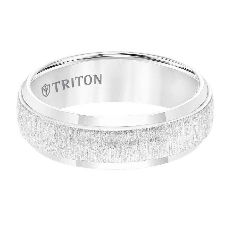 White Tungsten Low-Domed Vertical Brushed Raised Center Wedding Ring With Polished Edges By Triton Rings - 7mm - Larson Jewelers