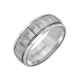 Grey Tungsten Soft Sand Finished Vertical Grooved Wedding Ring with Polished Edges by Triton Rings - 8mm - Larson Jewelers