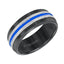 Black tungsten carbide men’s wedding band featuring a satin-brushed center with vertical grooves and a vivid electric blue stripe, angled view