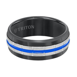 Black tungsten carbide men’s wedding band showing the blue center stripe and brushed grooved detailing, flat view
