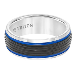 Black & White Tungsten Ribbed Pattern Wedding Ring with Blue Stripes Dual Grooves by Triton Rings - 8mm - Larson Jewelers