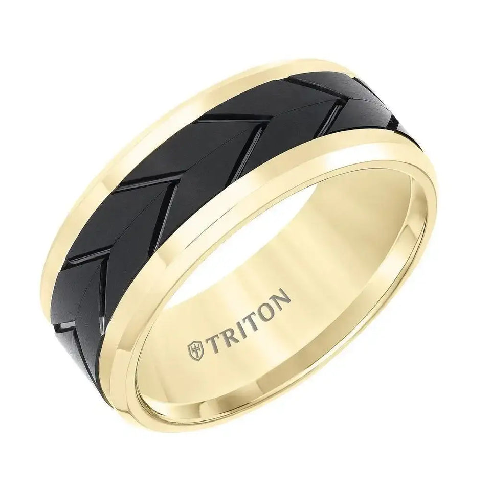 Yellow Tungsten Two-Tone Polished Beveled Wedding Band with Engraved Tire Tread Center by Triton Rings - 9mm - Larson Jewelers