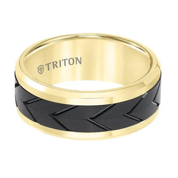 Yellow Tungsten Two-Tone Polished Beveled Wedding Band with Engraved Tire Tread Center by Triton Rings - 9mm - Larson Jewelers