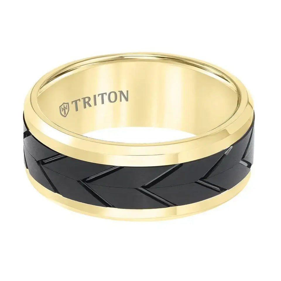 Yellow Tungsten Two-Tone Polished Beveled Wedding Band with Engraved Tire Tread Center by Triton Rings - 9mm - Larson Jewelers