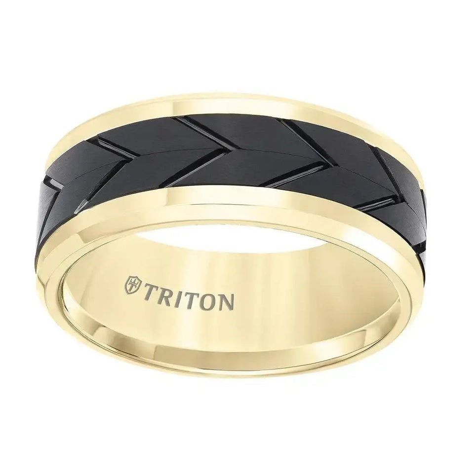 Yellow Tungsten Two-Tone Polished Beveled Wedding Band with Engraved Tire Tread Center by Triton Rings - 9mm - Larson Jewelers