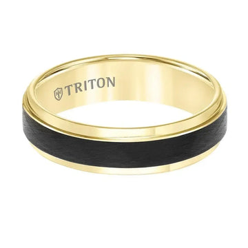 Yellow Two-Tone Tungsten Polished Step Edges Ring with Wire Brushed Raised Black Center by Triton Rings - 6mm - Larson Jewelers