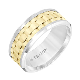 White Tungsten Carbide Wedding Ring with Yellow Basket Weave Center & Polished Beveled Edges by Triton Rings - 9mm - Larson Jewelers