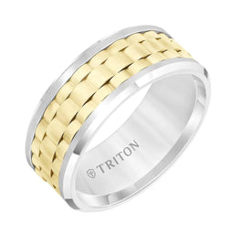 White Tungsten Carbide Wedding Ring with Yellow Basket Weave Center & Polished Beveled Edges by Triton Rings - 9mm - Larson Jewelers